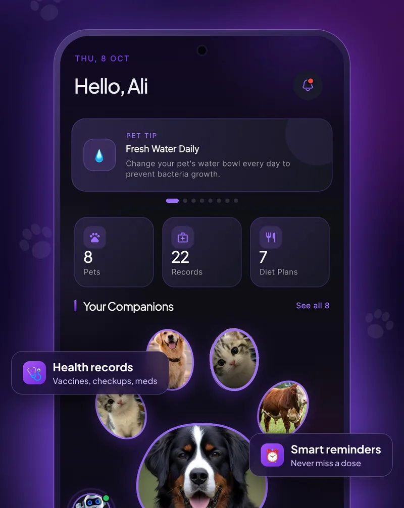 Pet Profile app home screen showing pets, records and diet plans