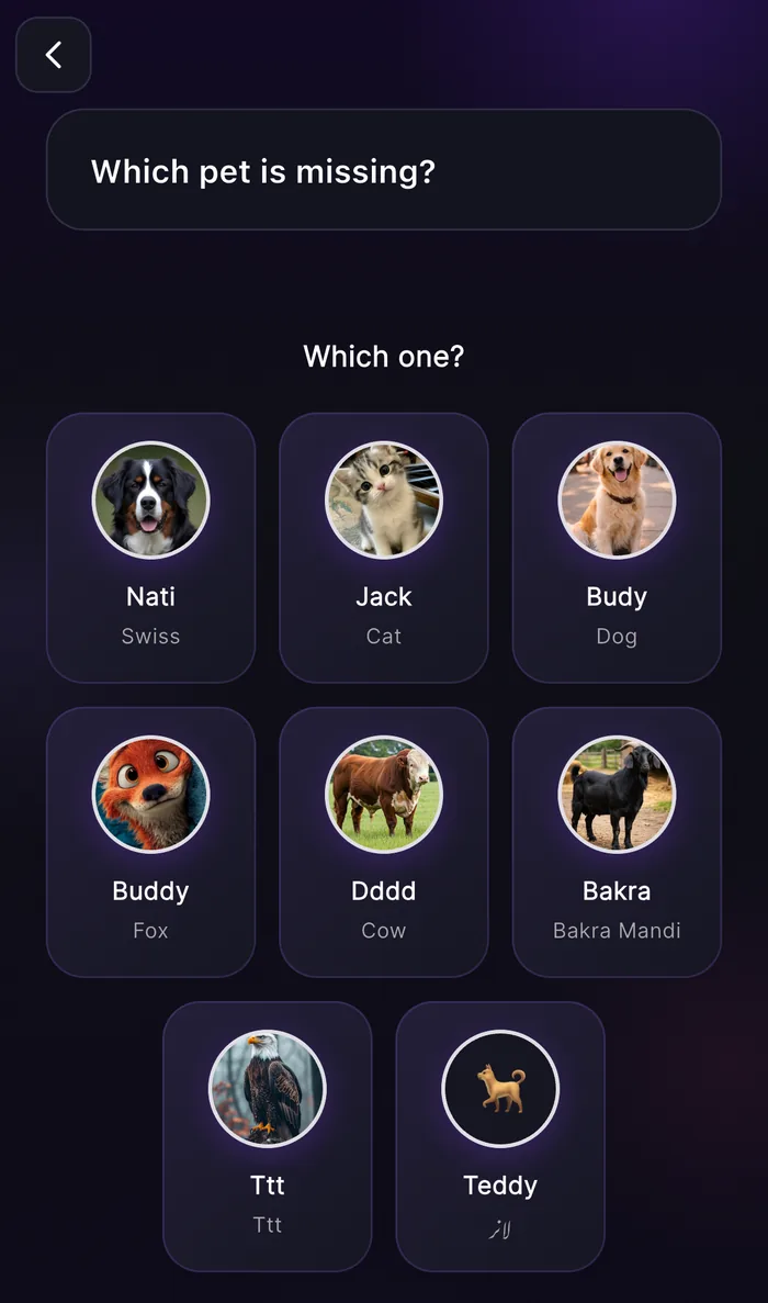 Choosing which pet is missing in the Pet Profile app