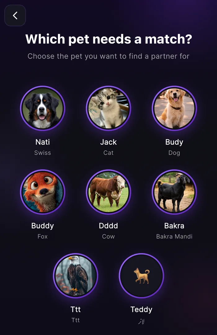 Choosing which pet needs a match in the Pet Profile app